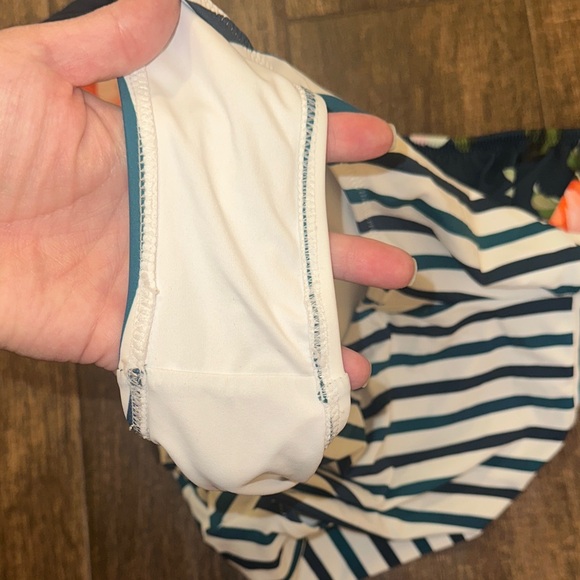 Floral & Stripe One Piece Swimsuit Large Dark Teal Ruffle Shoulder - Picture 5 of 7